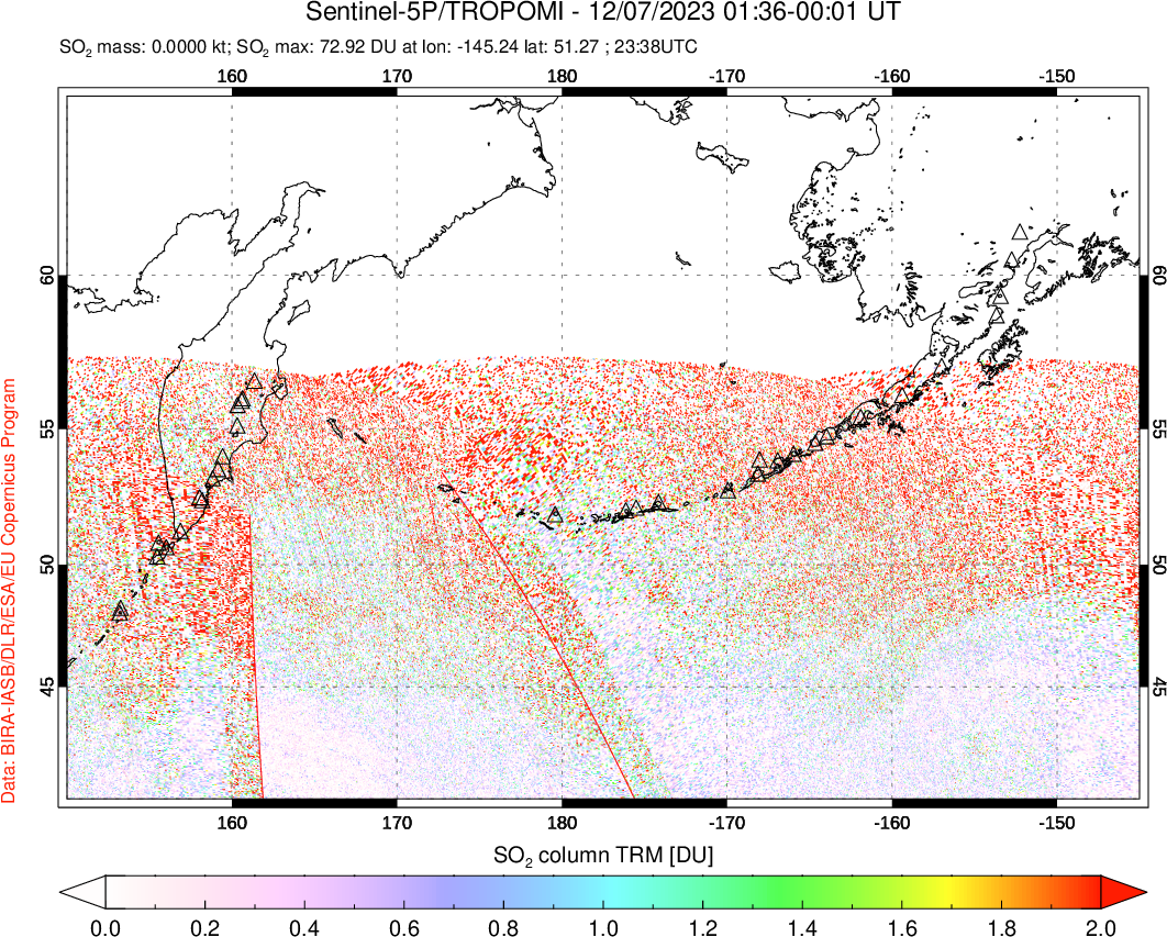 A sulfur dioxide image over North Pacific on Dec 07, 2023.