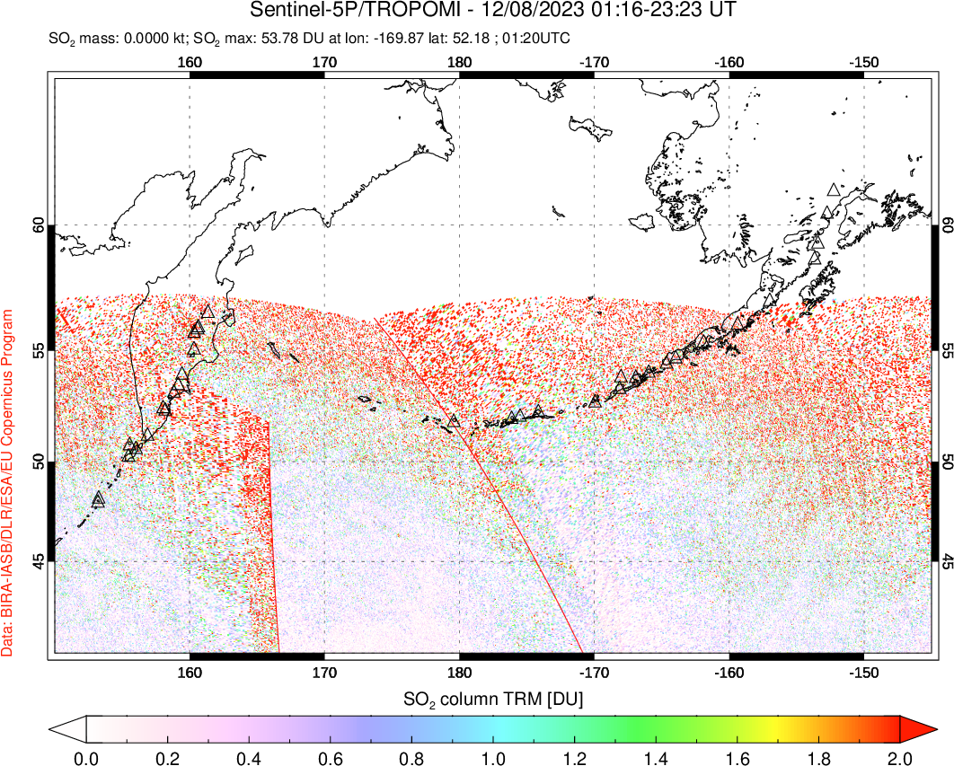 A sulfur dioxide image over North Pacific on Dec 08, 2023.