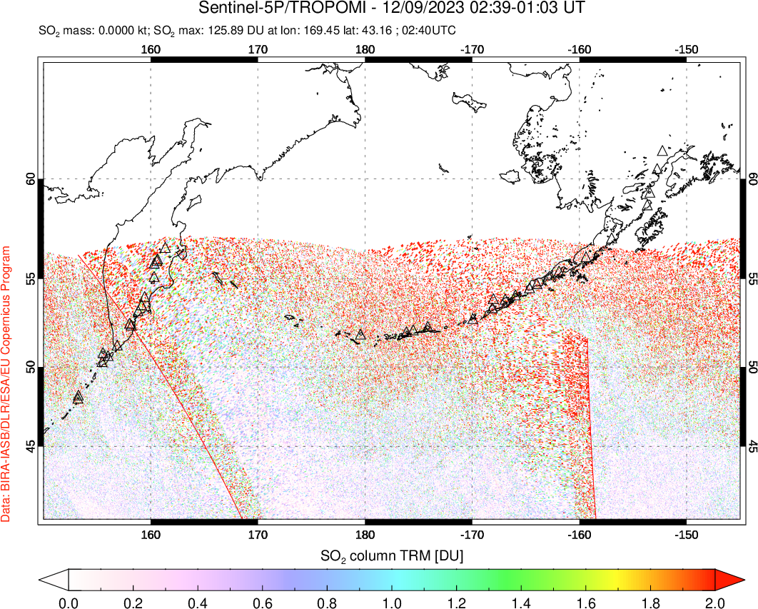 A sulfur dioxide image over North Pacific on Dec 09, 2023.