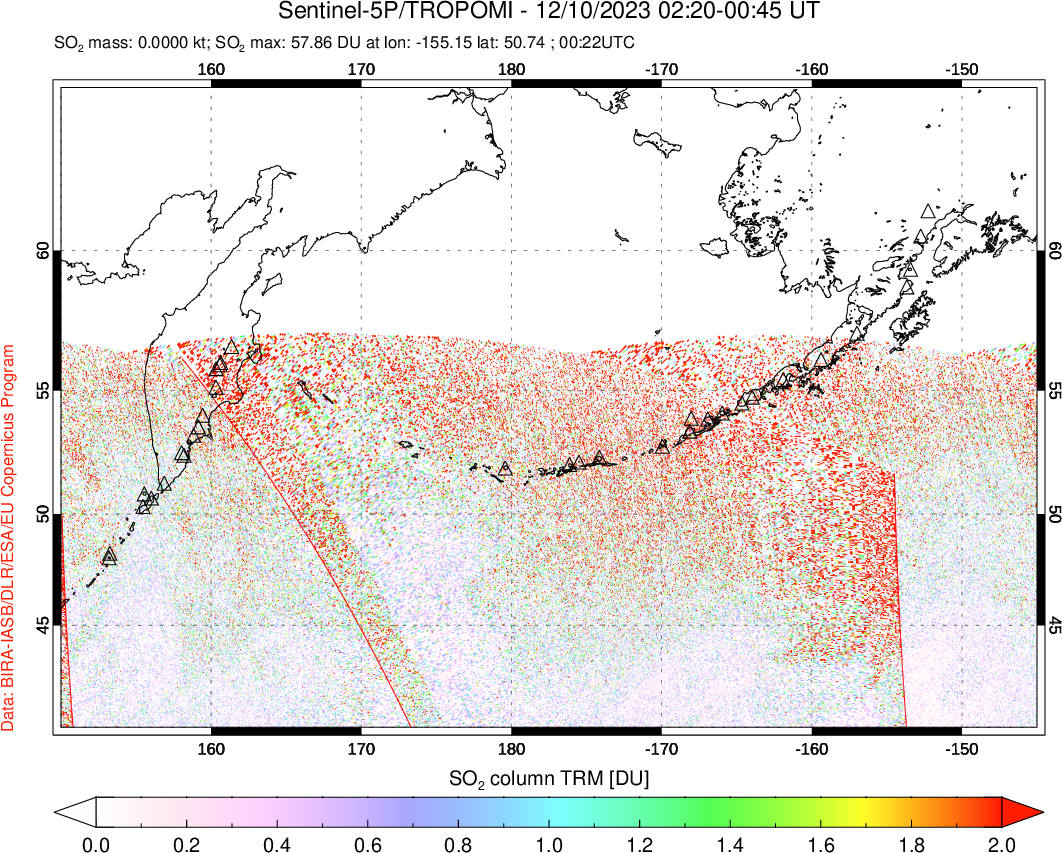 A sulfur dioxide image over North Pacific on Dec 10, 2023.