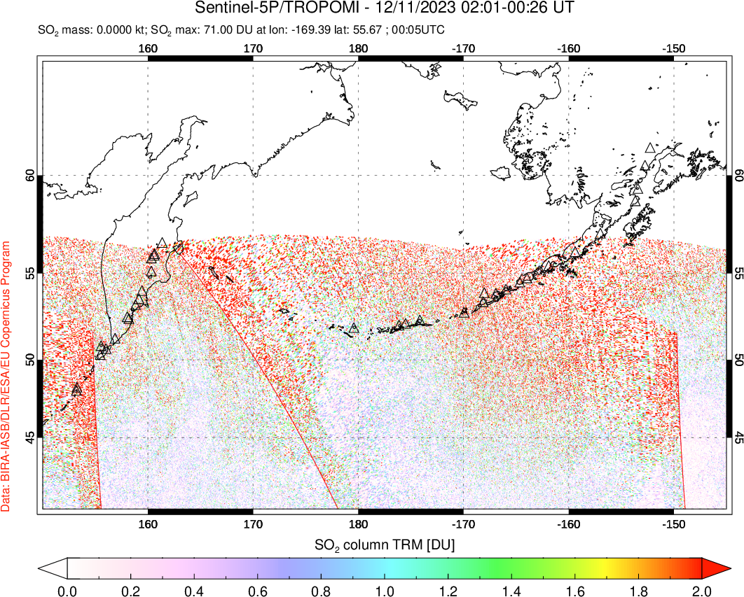 A sulfur dioxide image over North Pacific on Dec 11, 2023.