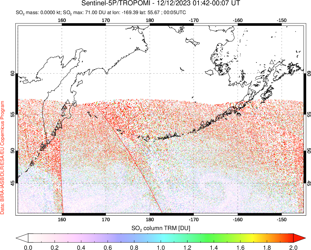 A sulfur dioxide image over North Pacific on Dec 12, 2023.