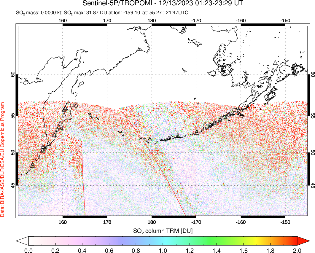 A sulfur dioxide image over North Pacific on Dec 13, 2023.