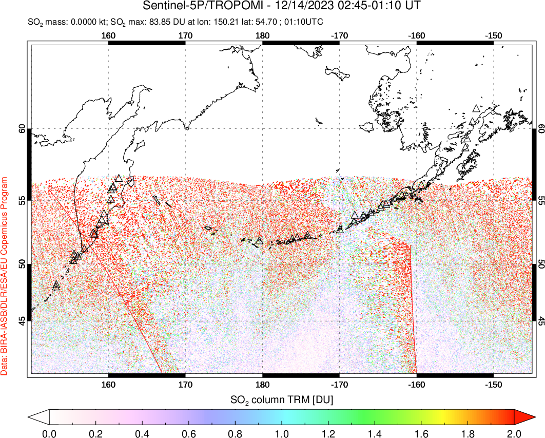 A sulfur dioxide image over North Pacific on Dec 14, 2023.