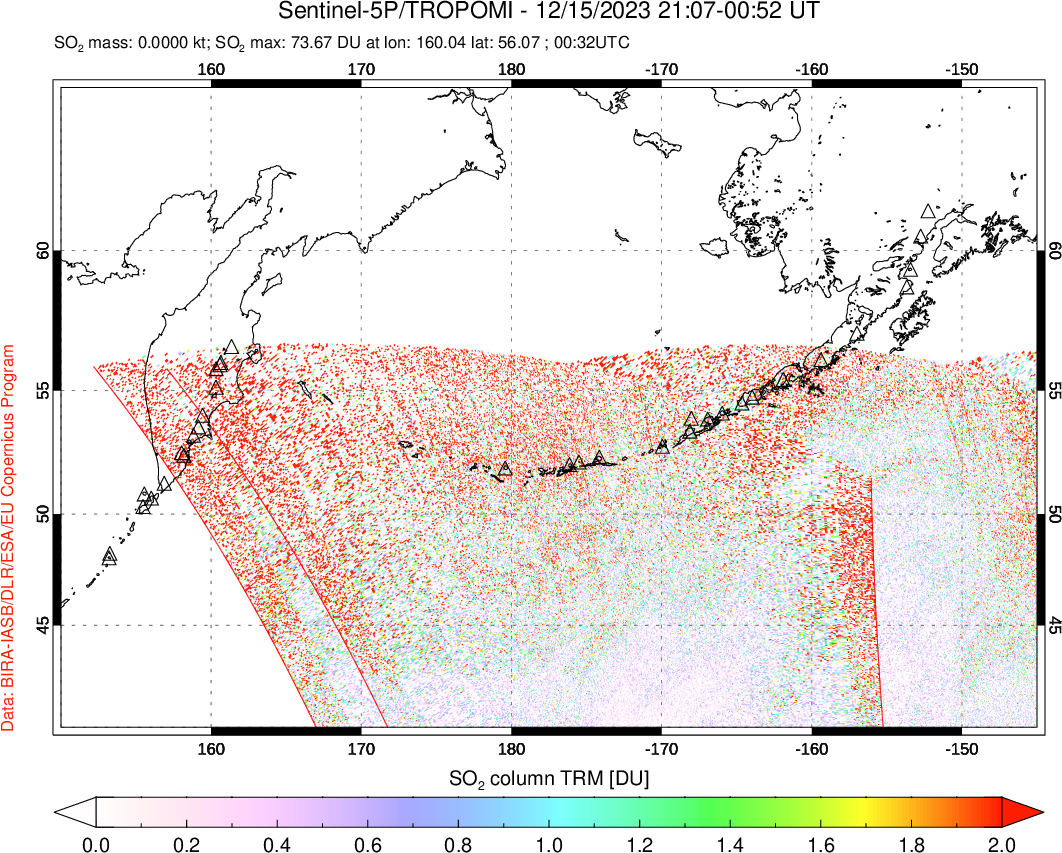 A sulfur dioxide image over North Pacific on Dec 15, 2023.