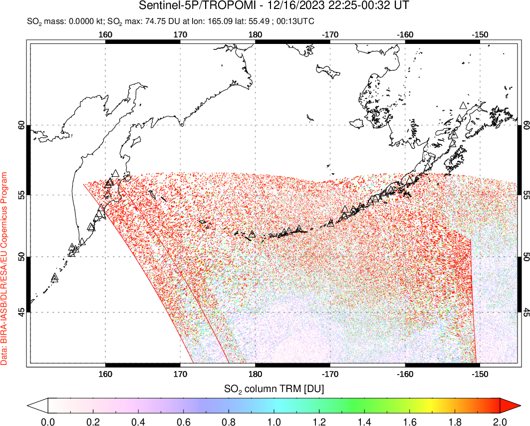 A sulfur dioxide image over North Pacific on Dec 16, 2023.