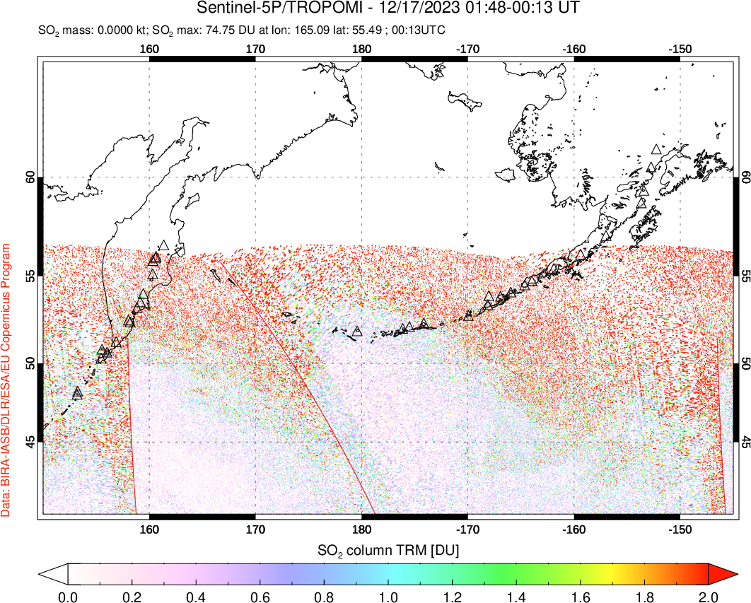 A sulfur dioxide image over North Pacific on Dec 17, 2023.