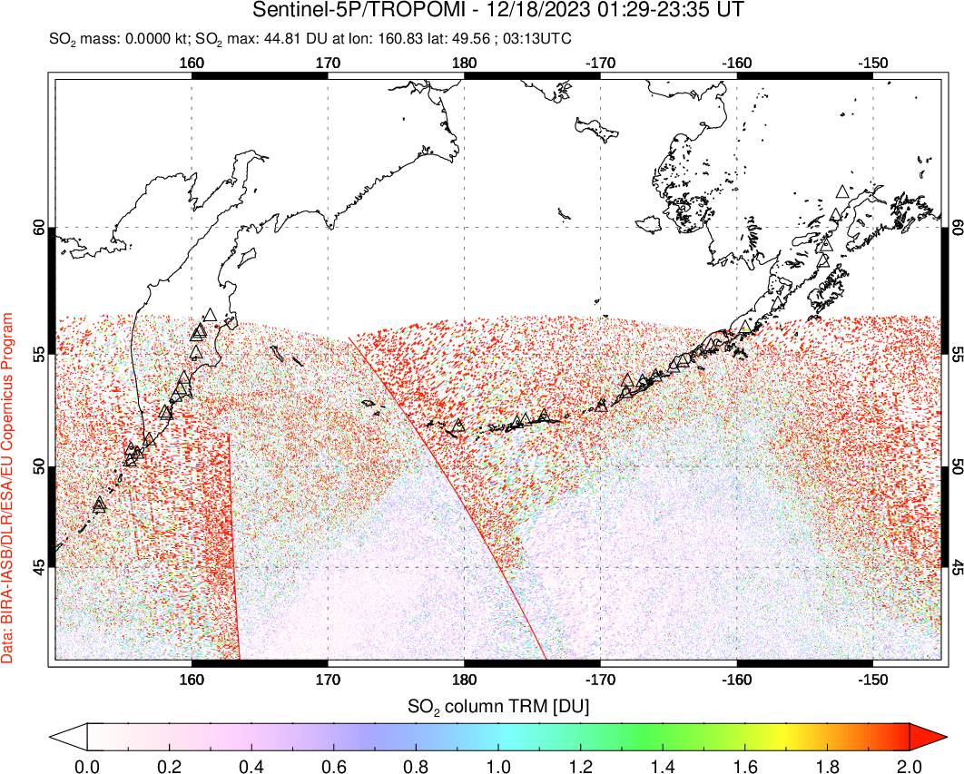 A sulfur dioxide image over North Pacific on Dec 18, 2023.