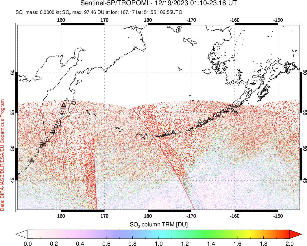 A sulfur dioxide image over North Pacific on Dec 19, 2023.