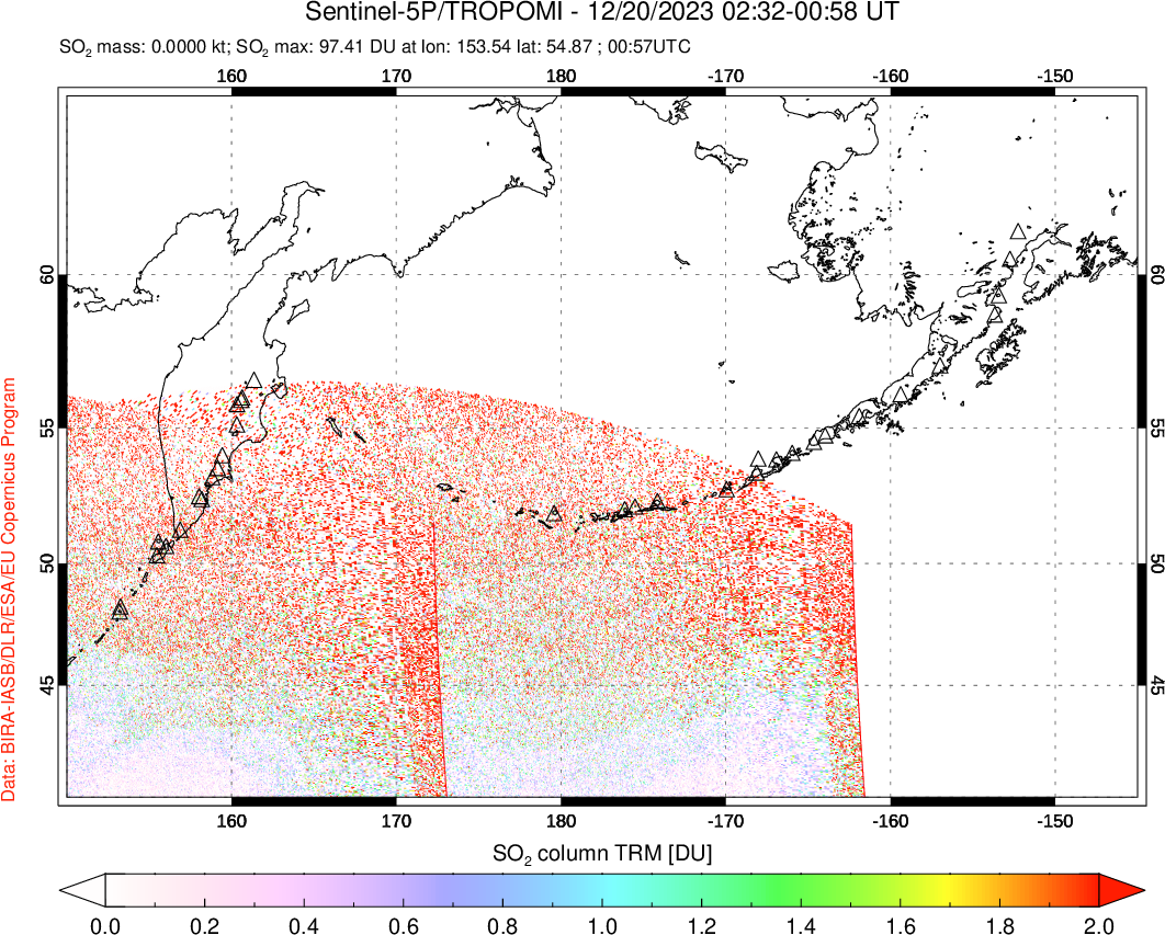 A sulfur dioxide image over North Pacific on Dec 20, 2023.