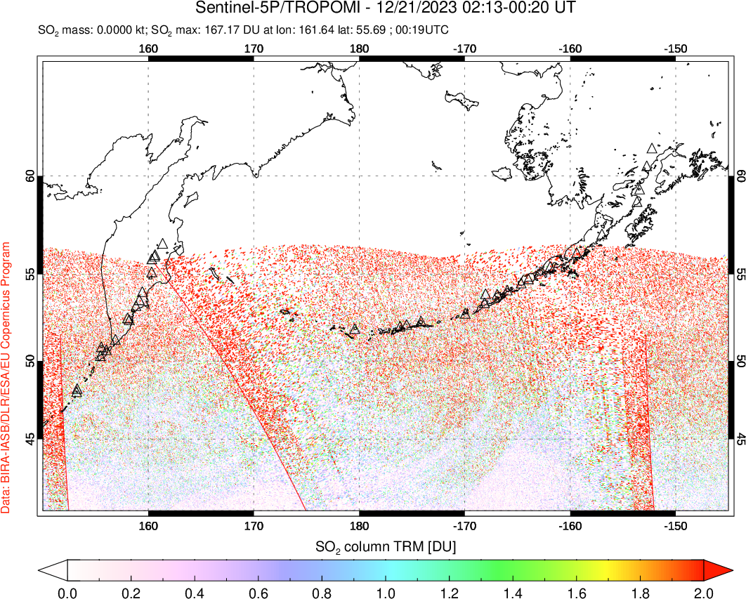 A sulfur dioxide image over North Pacific on Dec 21, 2023.