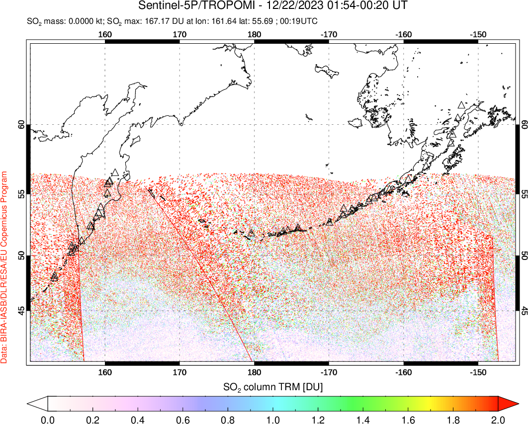 A sulfur dioxide image over North Pacific on Dec 22, 2023.