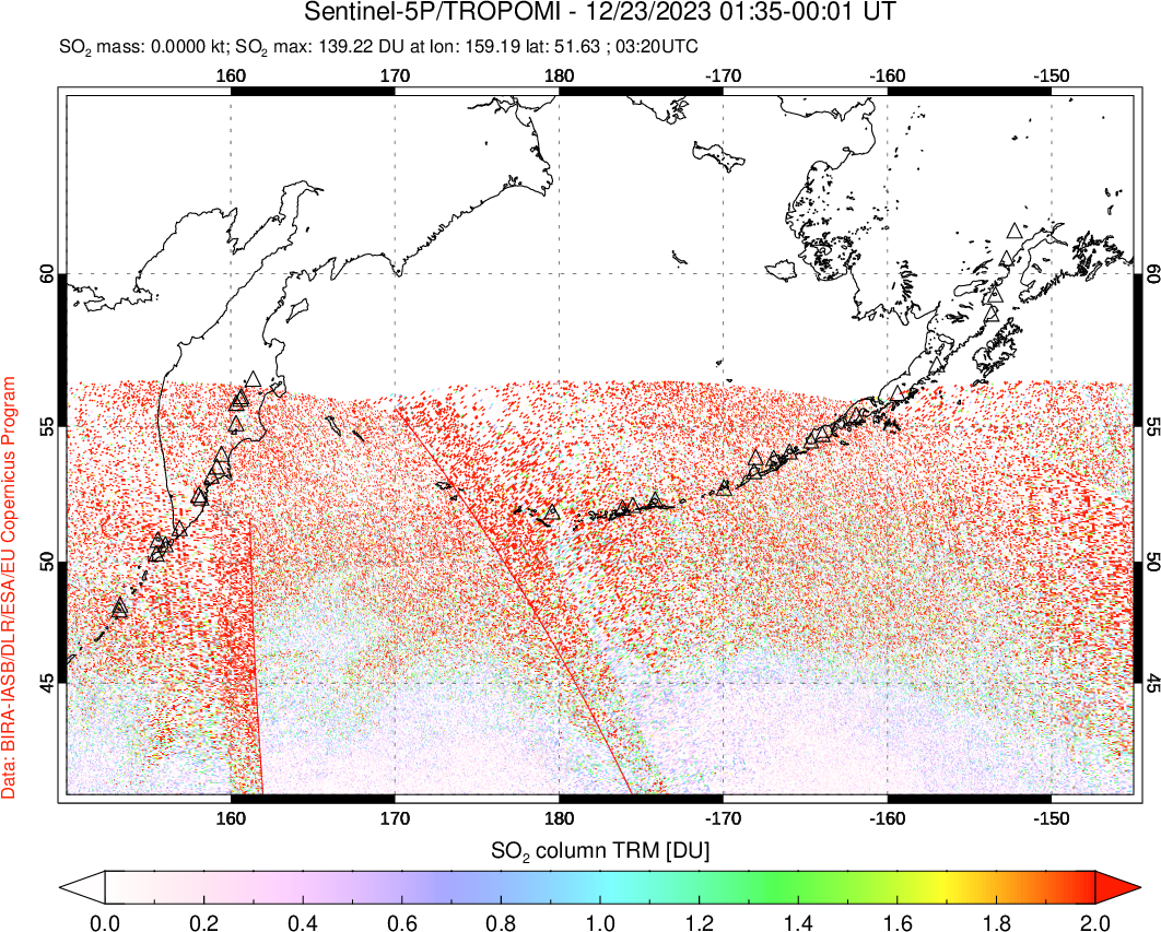 A sulfur dioxide image over North Pacific on Dec 23, 2023.