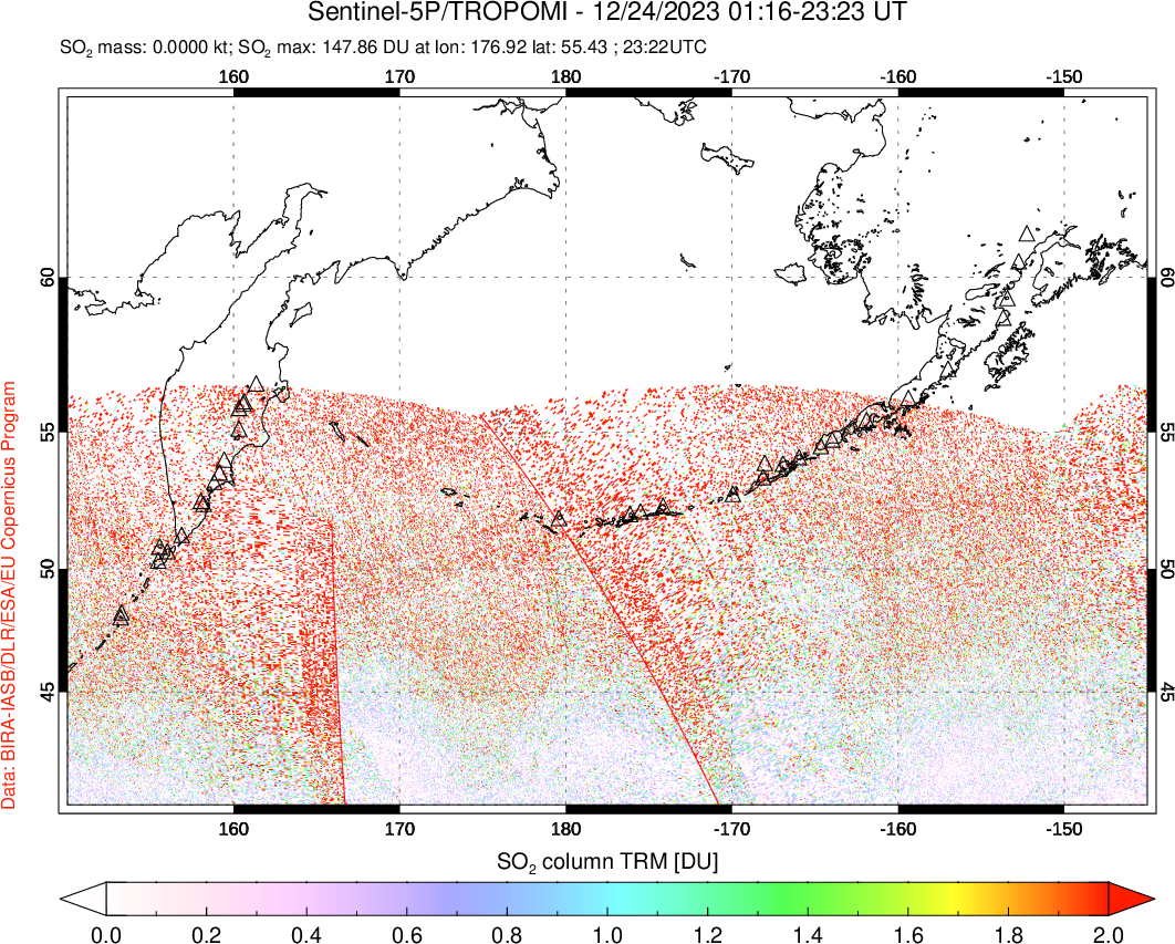 A sulfur dioxide image over North Pacific on Dec 24, 2023.