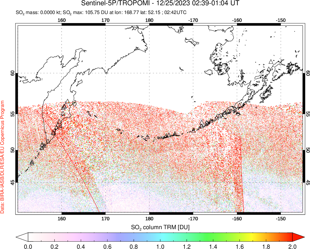 A sulfur dioxide image over North Pacific on Dec 25, 2023.