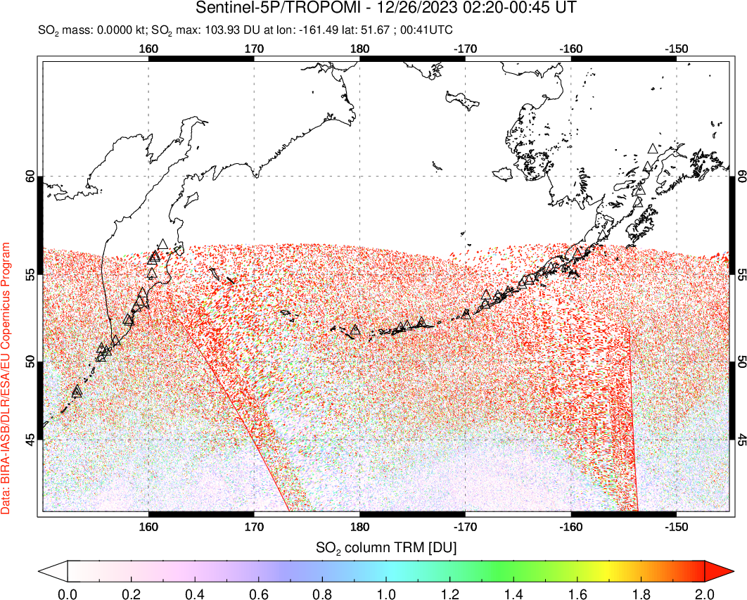 A sulfur dioxide image over North Pacific on Dec 26, 2023.