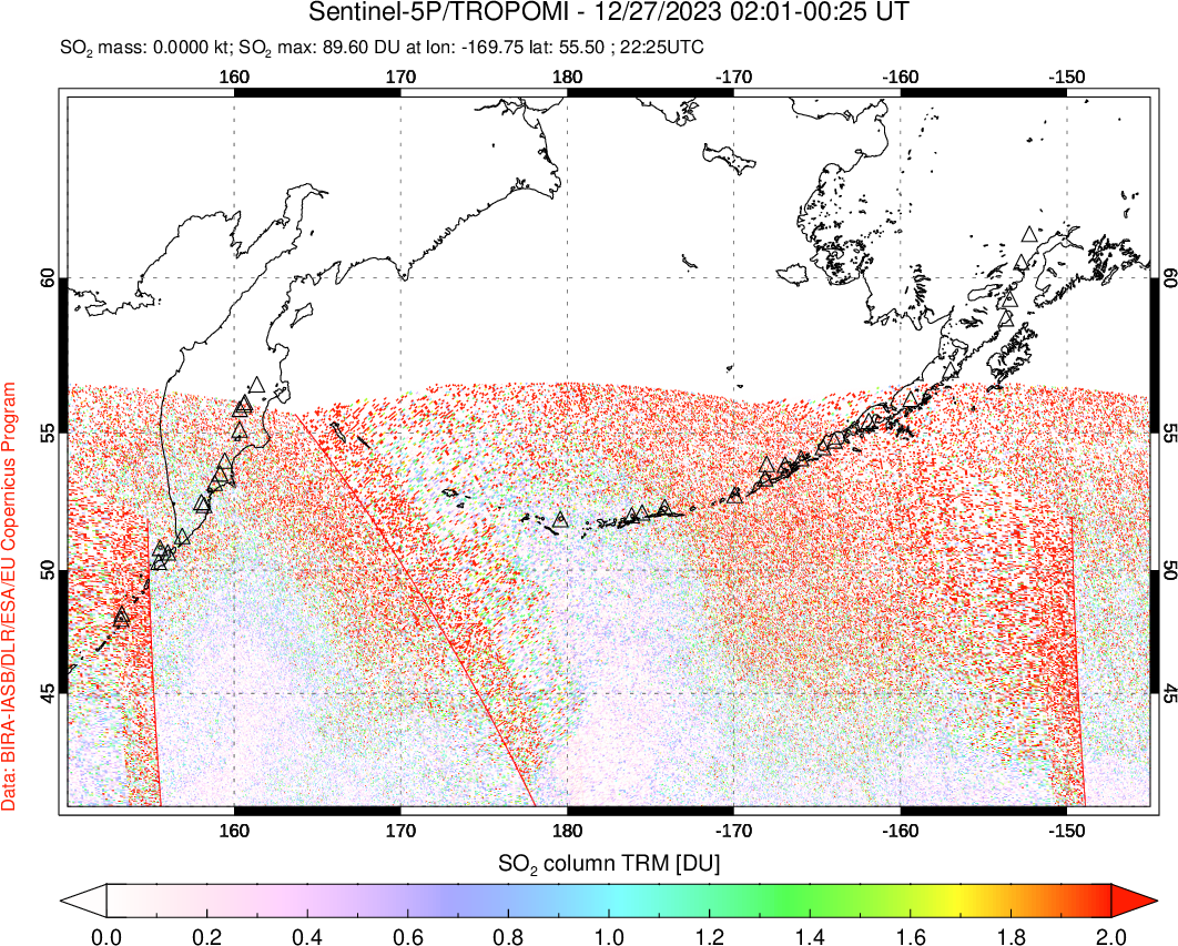 A sulfur dioxide image over North Pacific on Dec 27, 2023.