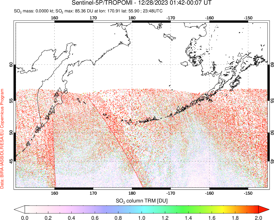 A sulfur dioxide image over North Pacific on Dec 28, 2023.