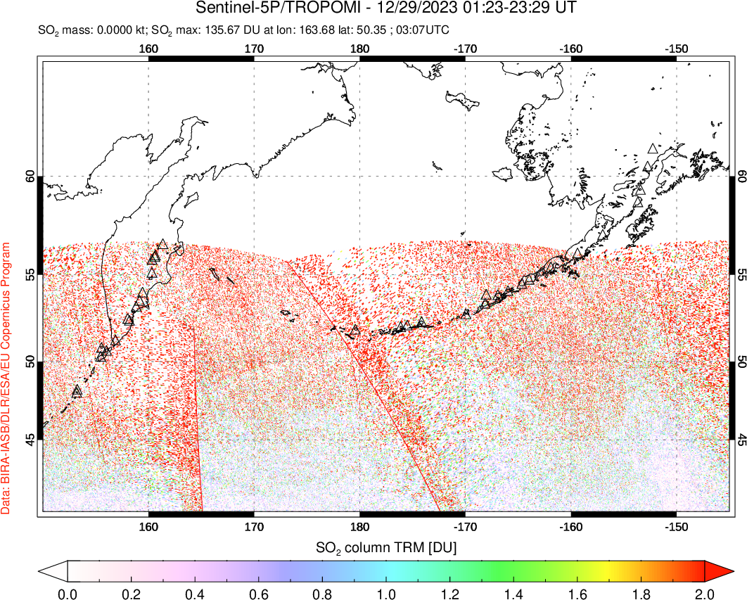 A sulfur dioxide image over North Pacific on Dec 29, 2023.