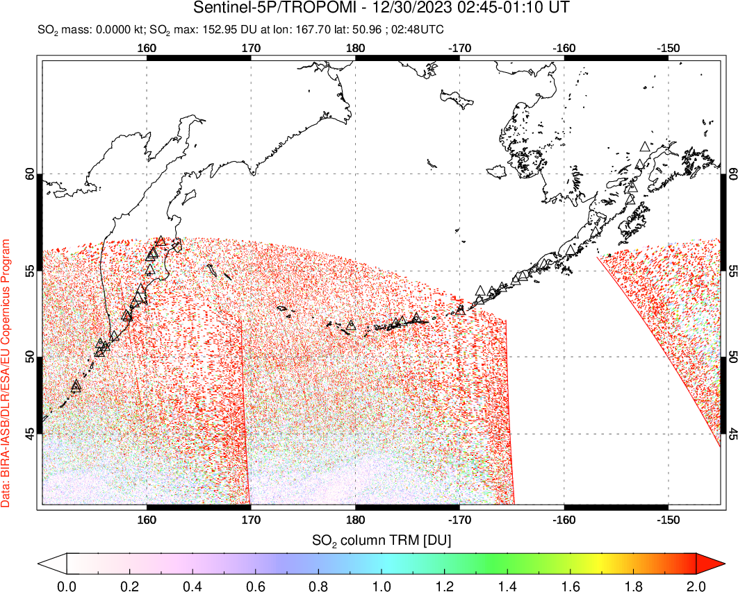 A sulfur dioxide image over North Pacific on Dec 30, 2023.