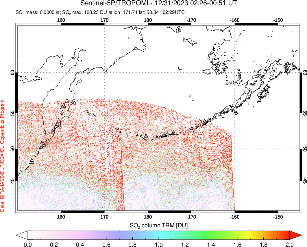 A sulfur dioxide image over North Pacific on Dec 31, 2023.