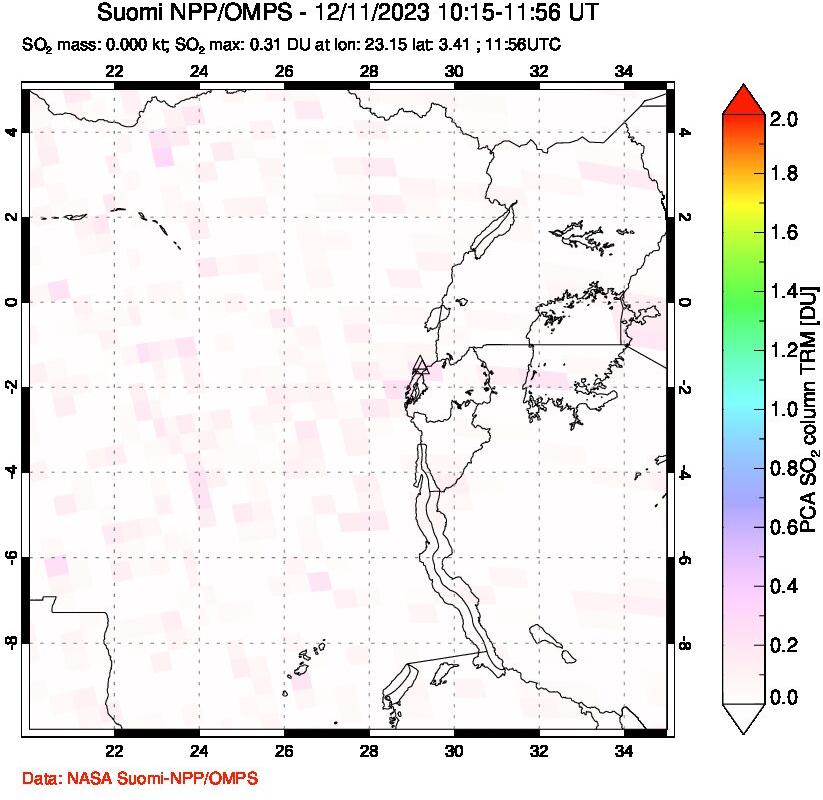 A sulfur dioxide image over Nyiragongo, DR Congo on Dec 11, 2023.