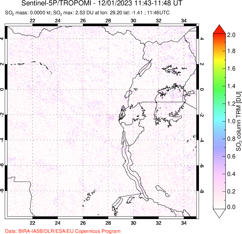 A sulfur dioxide image over Nyiragongo, DR Congo on Dec 01, 2023.