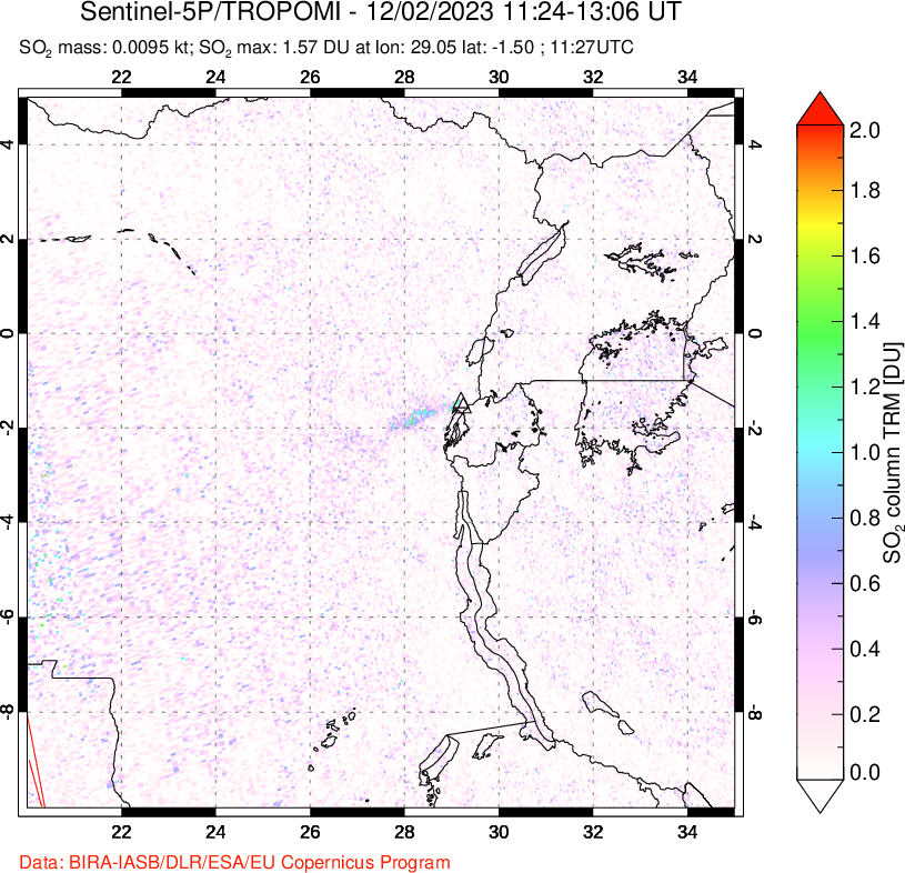 A sulfur dioxide image over Nyiragongo, DR Congo on Dec 02, 2023.