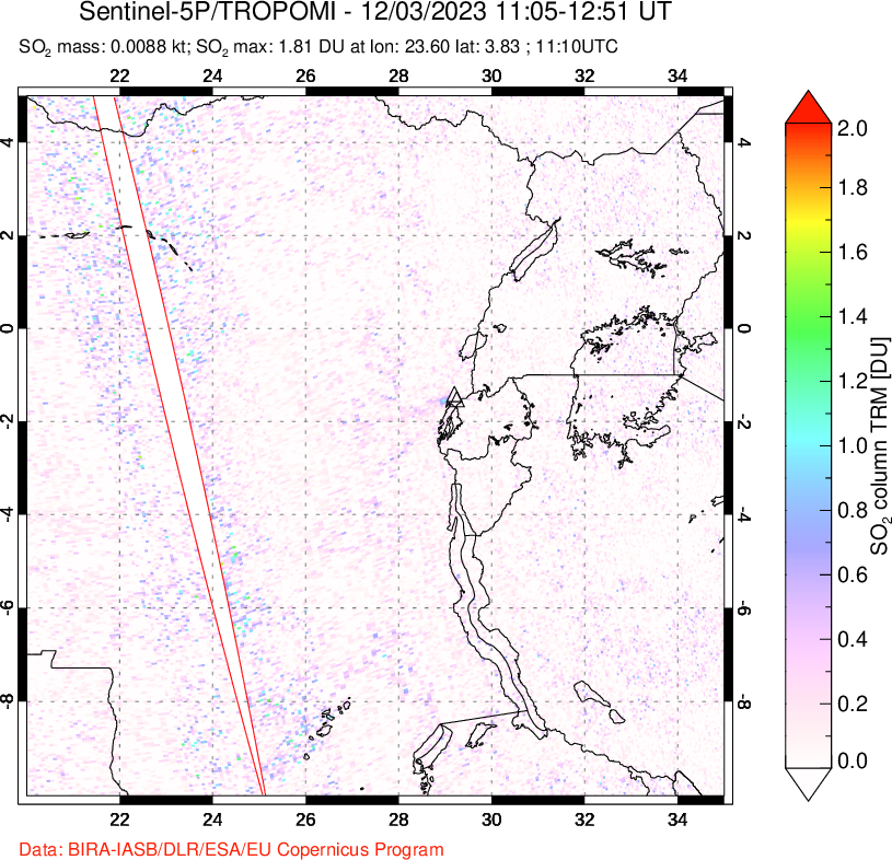 A sulfur dioxide image over Nyiragongo, DR Congo on Dec 03, 2023.