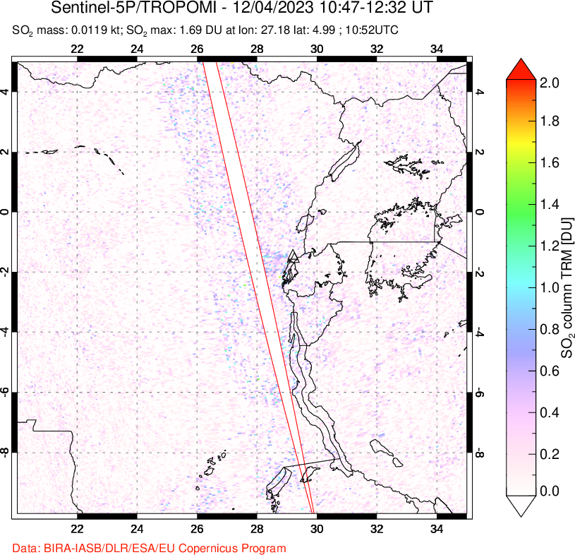 A sulfur dioxide image over Nyiragongo, DR Congo on Dec 04, 2023.