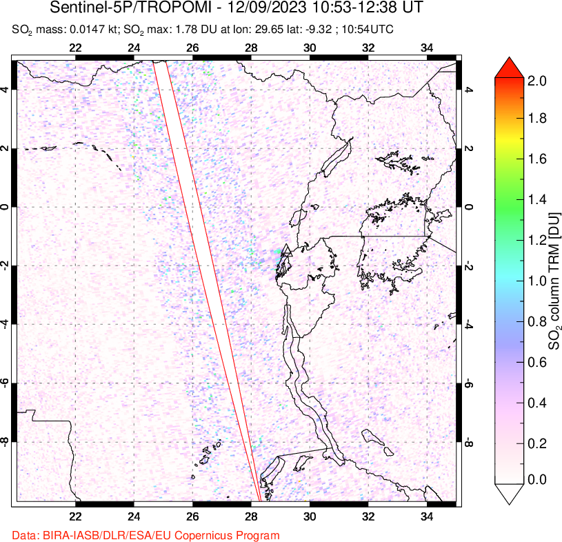 A sulfur dioxide image over Nyiragongo, DR Congo on Dec 09, 2023.