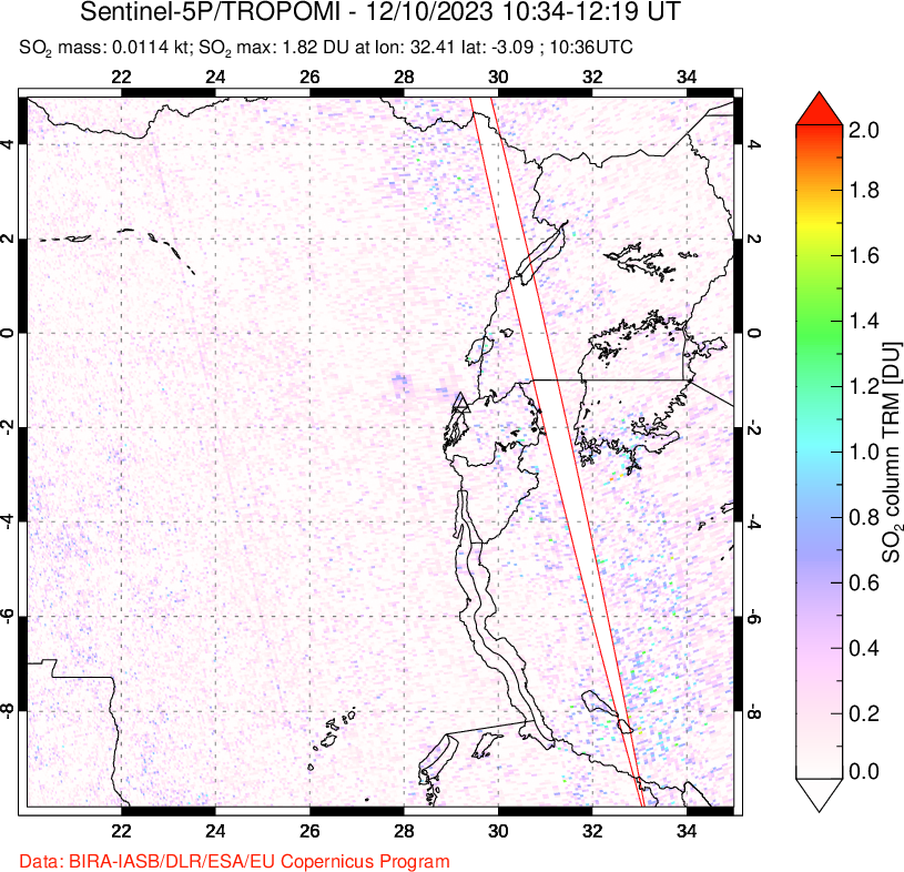 A sulfur dioxide image over Nyiragongo, DR Congo on Dec 10, 2023.