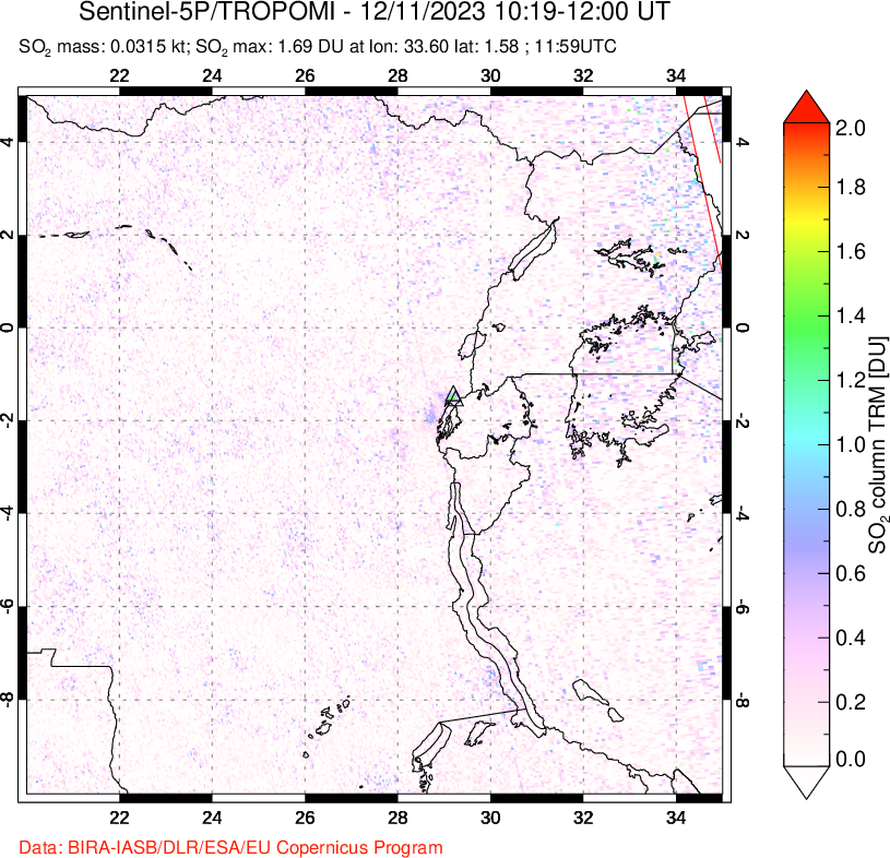 A sulfur dioxide image over Nyiragongo, DR Congo on Dec 11, 2023.