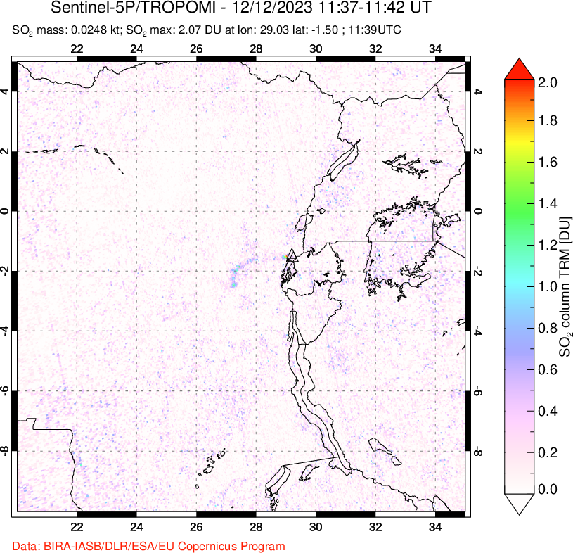 A sulfur dioxide image over Nyiragongo, DR Congo on Dec 12, 2023.