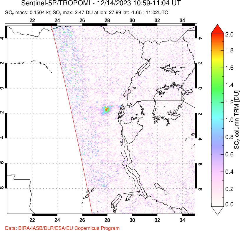 A sulfur dioxide image over Nyiragongo, DR Congo on Dec 14, 2023.