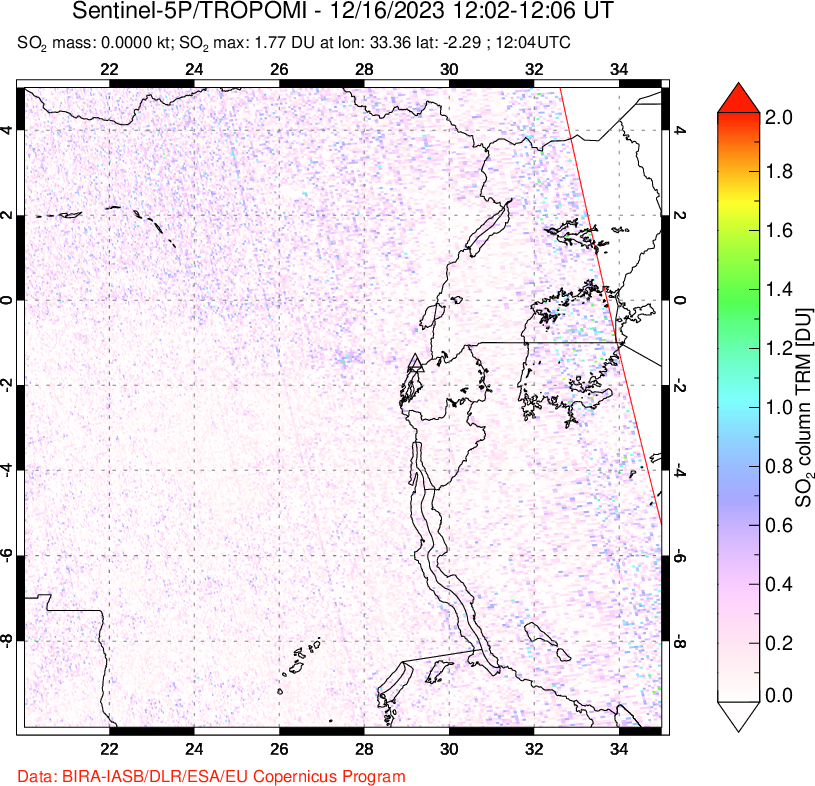 A sulfur dioxide image over Nyiragongo, DR Congo on Dec 16, 2023.