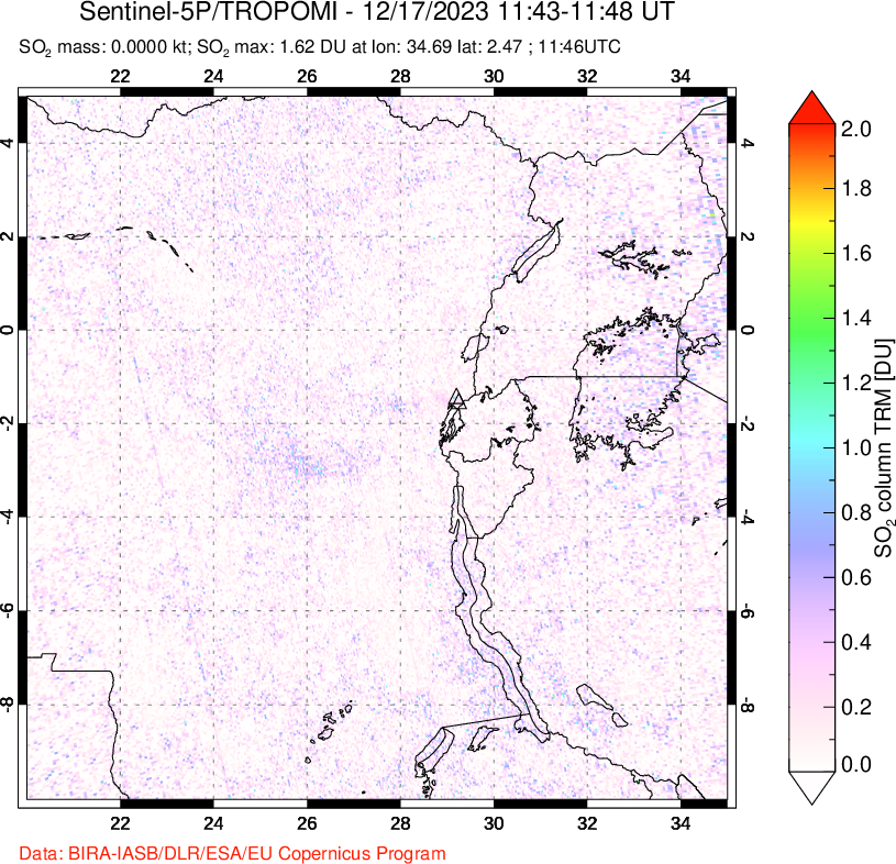 A sulfur dioxide image over Nyiragongo, DR Congo on Dec 17, 2023.