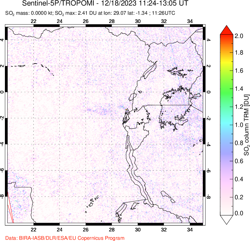 A sulfur dioxide image over Nyiragongo, DR Congo on Dec 18, 2023.