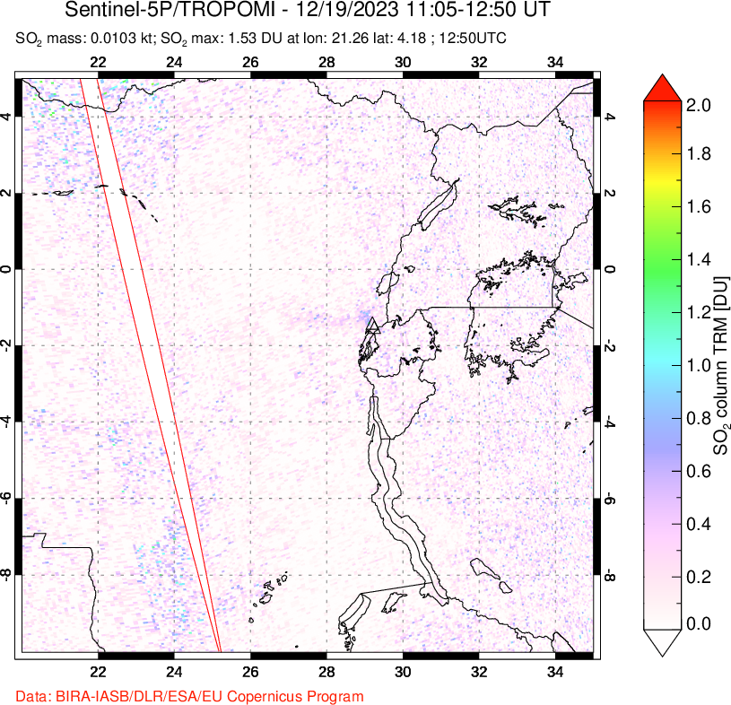 A sulfur dioxide image over Nyiragongo, DR Congo on Dec 19, 2023.