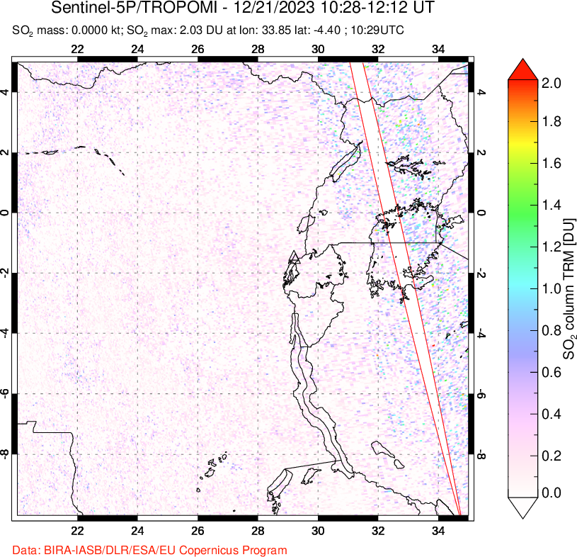 A sulfur dioxide image over Nyiragongo, DR Congo on Dec 21, 2023.