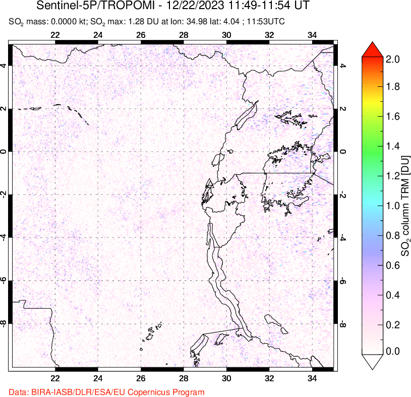 A sulfur dioxide image over Nyiragongo, DR Congo on Dec 22, 2023.