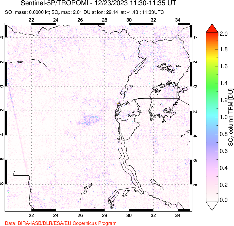 A sulfur dioxide image over Nyiragongo, DR Congo on Dec 23, 2023.