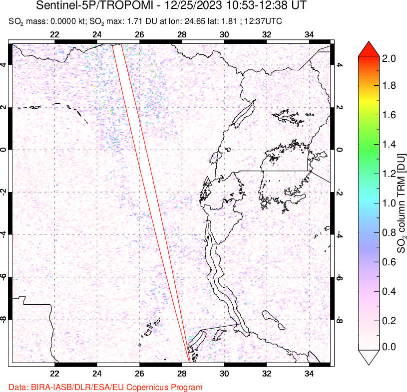 A sulfur dioxide image over Nyiragongo, DR Congo on Dec 25, 2023.