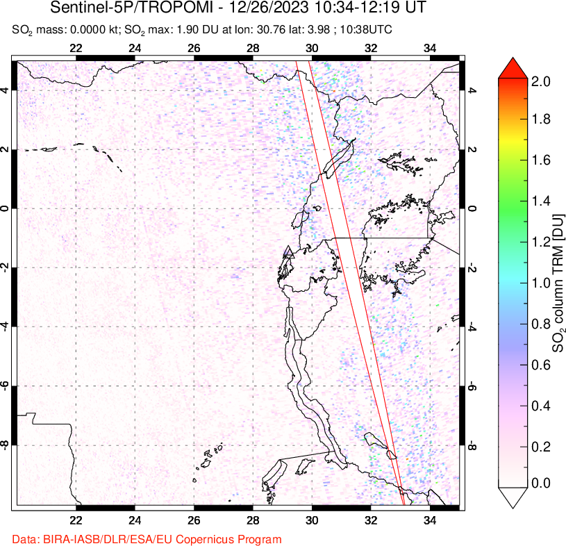 A sulfur dioxide image over Nyiragongo, DR Congo on Dec 26, 2023.