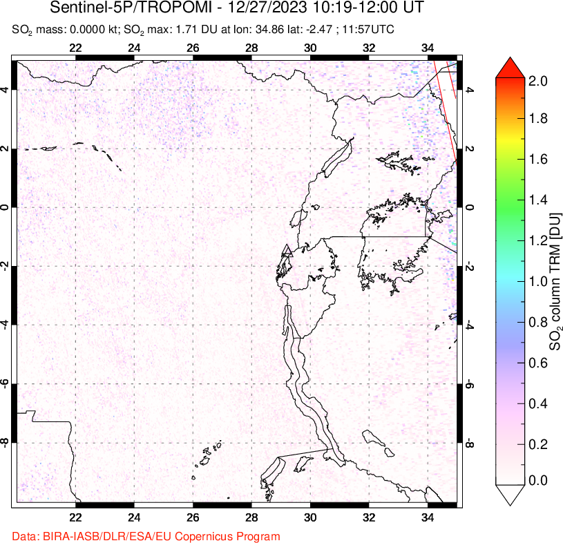 A sulfur dioxide image over Nyiragongo, DR Congo on Dec 27, 2023.