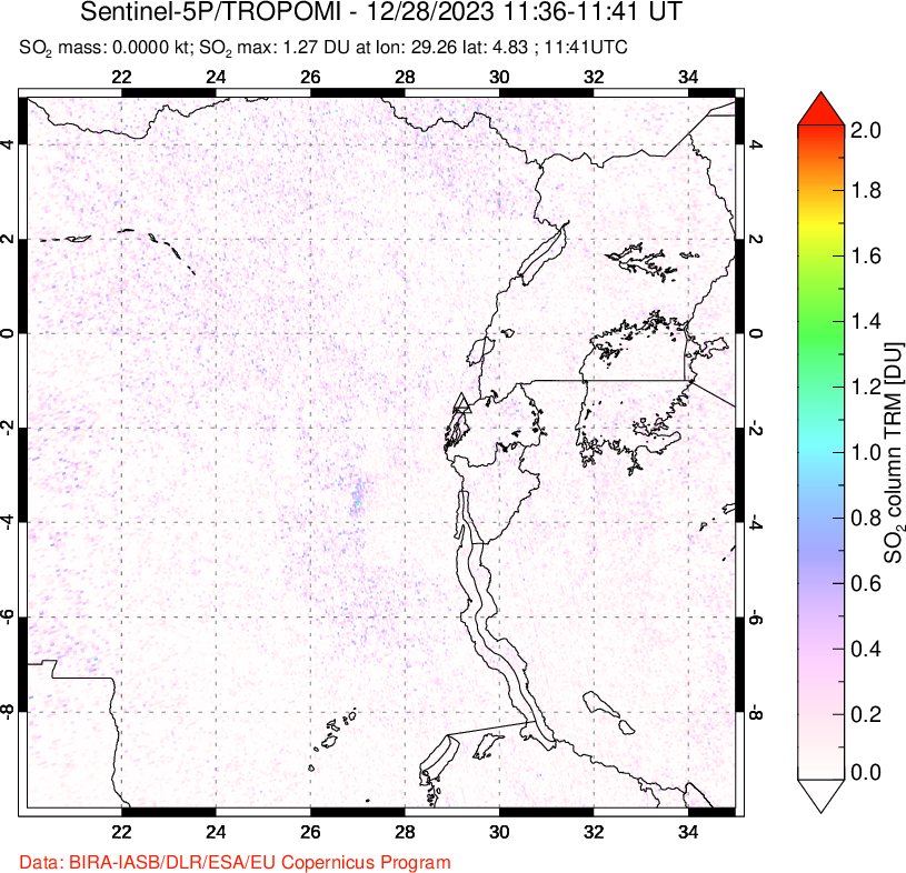 A sulfur dioxide image over Nyiragongo, DR Congo on Dec 28, 2023.