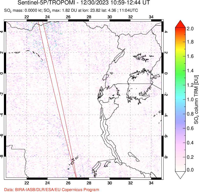 A sulfur dioxide image over Nyiragongo, DR Congo on Dec 30, 2023.