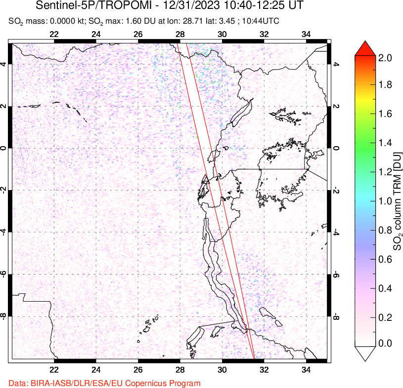 A sulfur dioxide image over Nyiragongo, DR Congo on Dec 31, 2023.