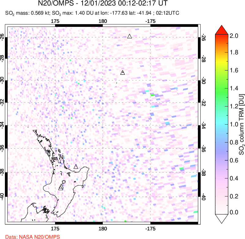 A sulfur dioxide image over New Zealand on Dec 01, 2023.