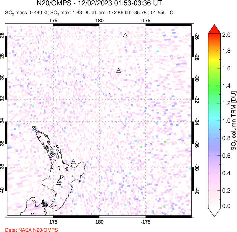 A sulfur dioxide image over New Zealand on Dec 02, 2023.